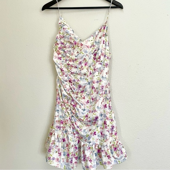 MAJORELLE Melville Watercolor Satin Floral Ruffle Hem Mini Dress Size L - Picture 4 of 15